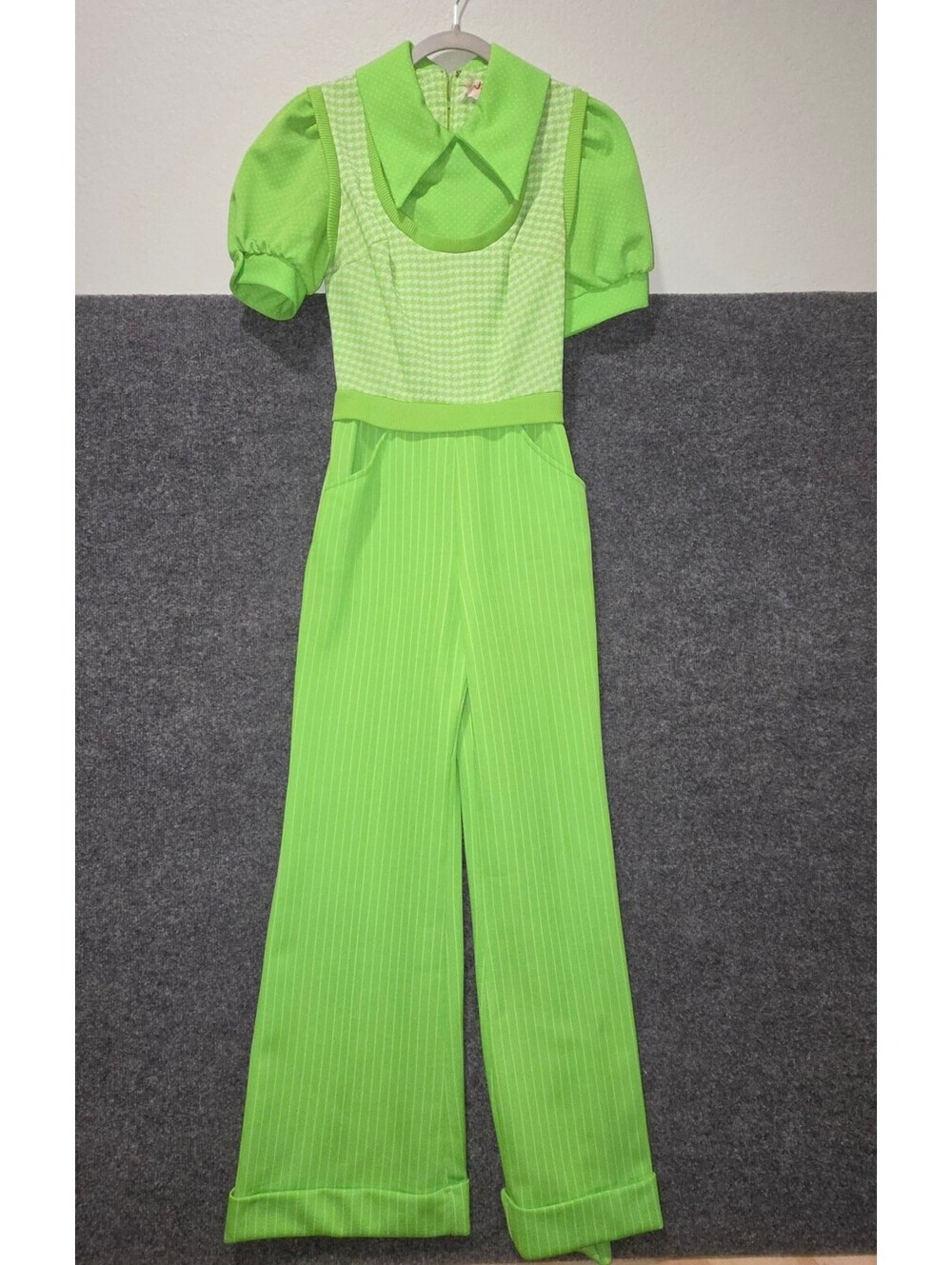 VS07. Vintage 1970s Jerell of Texas Lime Green Mixed Print Wide Leg Jumpsuit